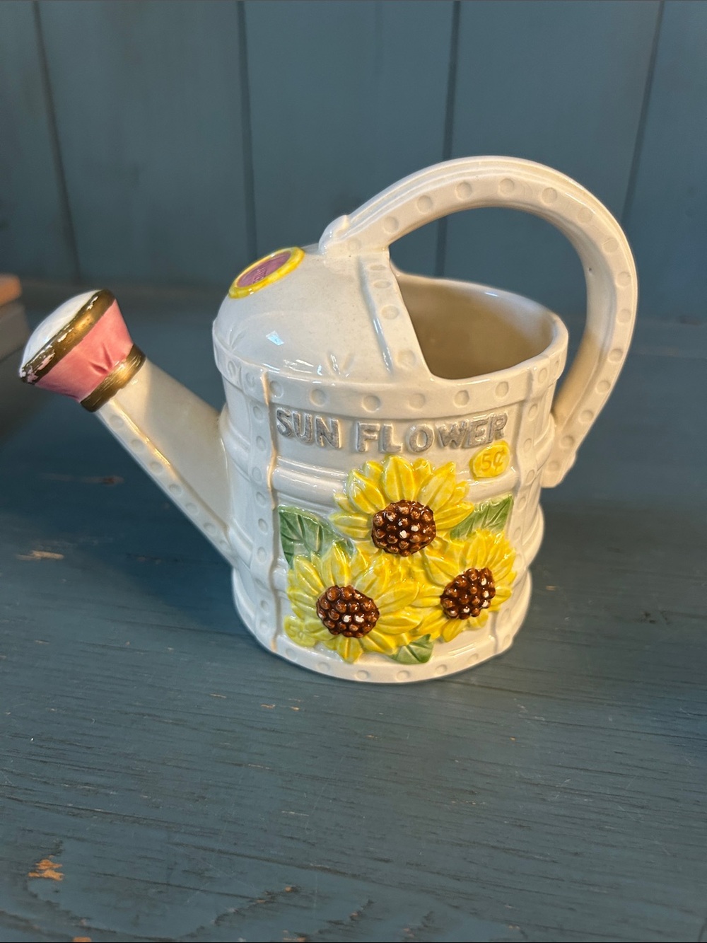 Vintage 1993 White Ceramic Watering Can Planter with Yellow Sunflower Accent